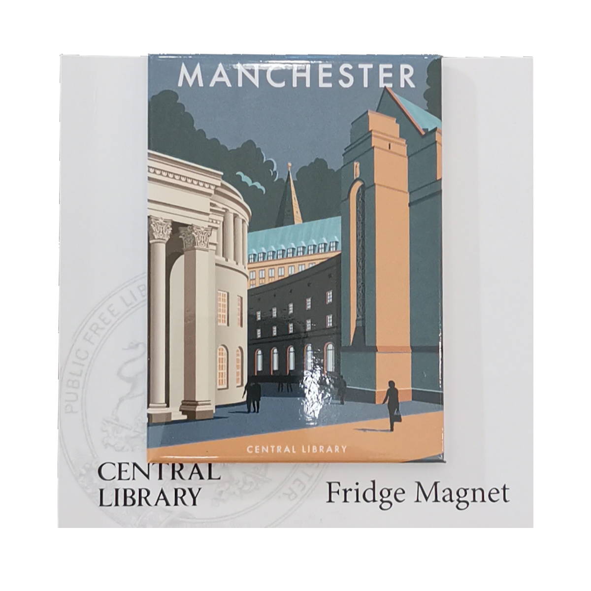 Fridge magnet showing and art deco style image of Manchester Central Library and town hall extension.