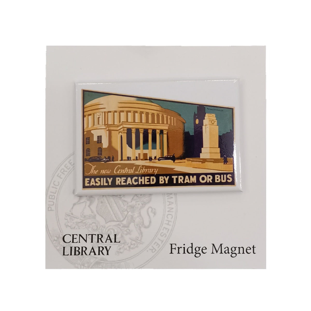 Manchester Central library 1934 poster for trams and buses. The new Central Library easily reached by tram or bus.