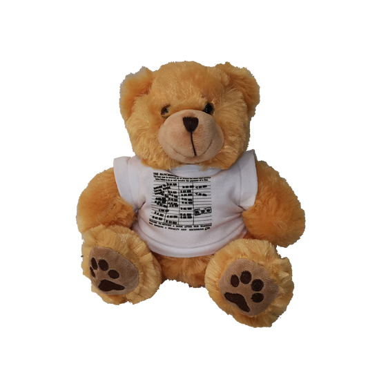 Ten inch golden teddy bear wearing a white library date stamp card t shirt.