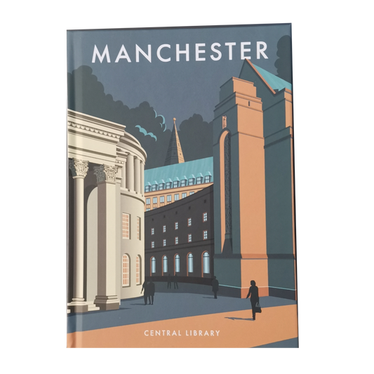 Art deco style image of Manchester Central Library and Manchester Town Hall Extension. 
