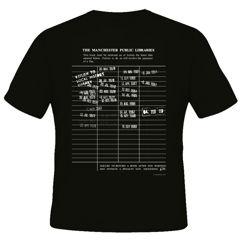 Manchester library date stamp card black t-shirt. 