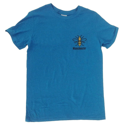 Antique Sapphire Blue T-Shirt featuring the Manchester worker bee.