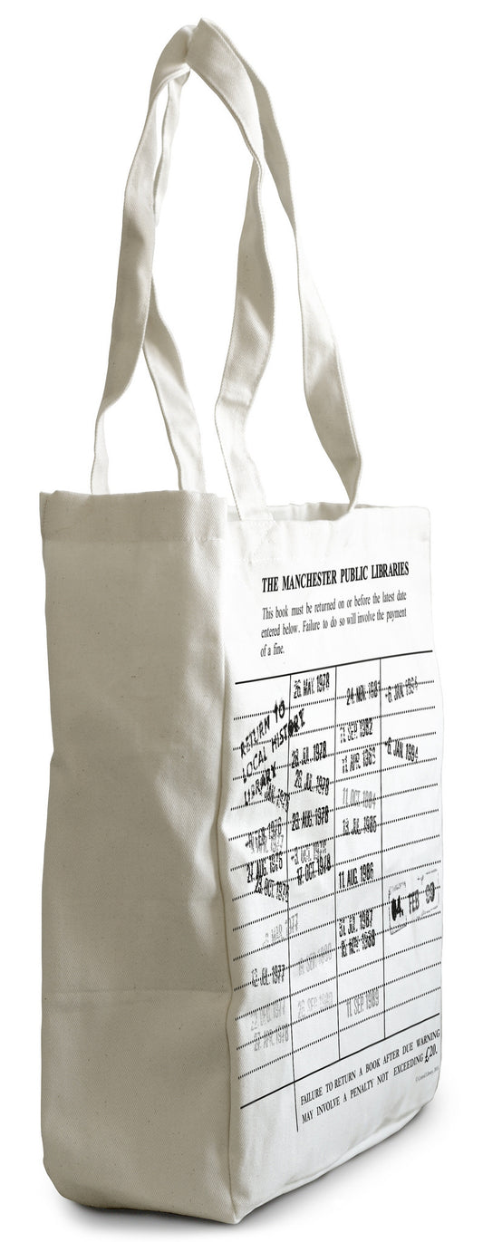 Cotton bag with printed image of Manchester Libraries date stamp label. Dates from 1976 to 1993