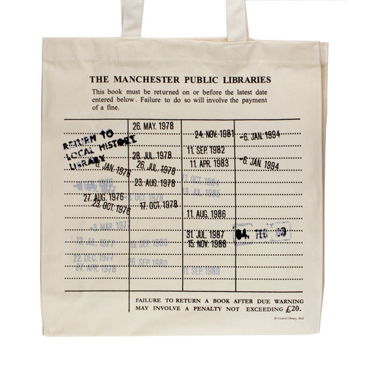Cotton bag with printed image of Manchester Libraries date stamp label. Dates from 1976 to 1993