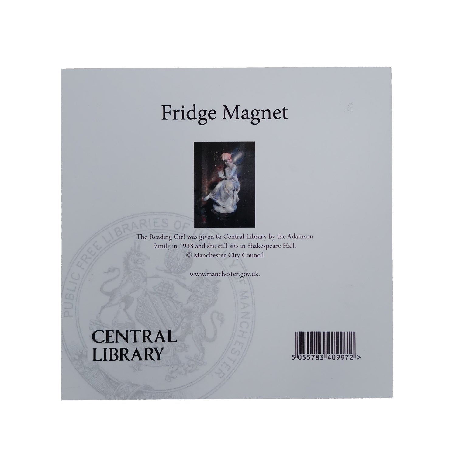 Rear card from the reading girl magnet with an image of the magnet and the central library logo