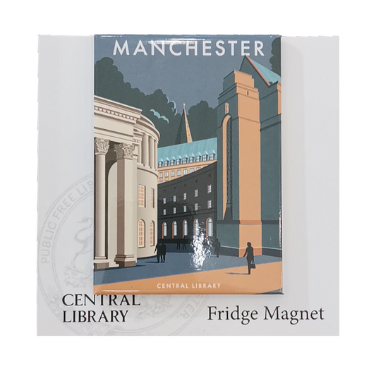 Fridge magnet showing and art deco style image of Manchester Central Library and town hall extension.