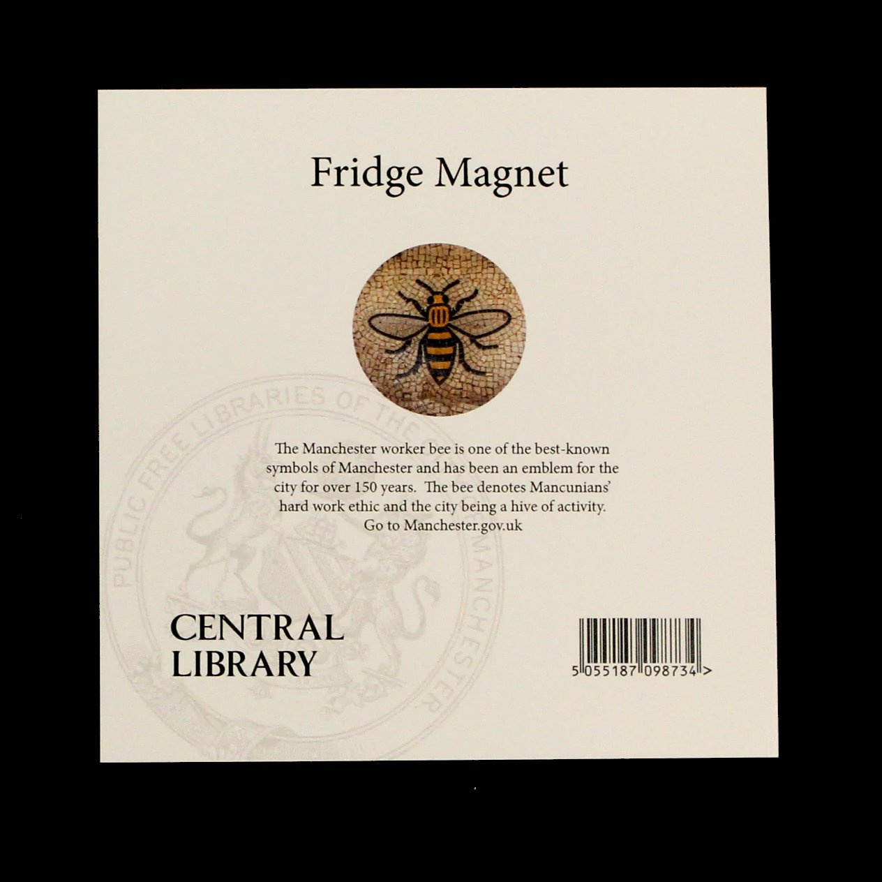 Rear of fridge magnet featuring image of the mosaic bee floor from Manchester Town Hall