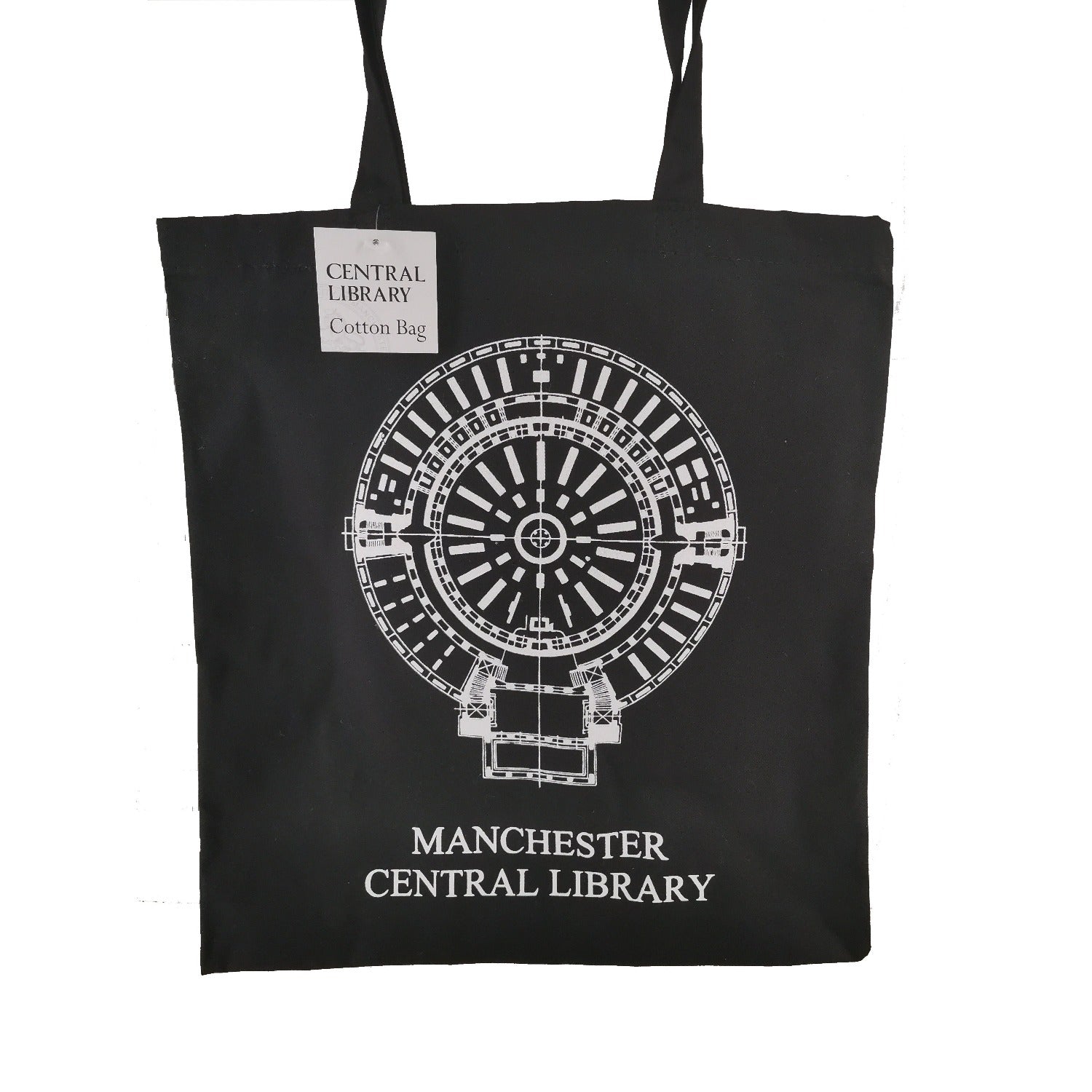 Black tote bag featuring a plan of the first floor of Central Library from 1934