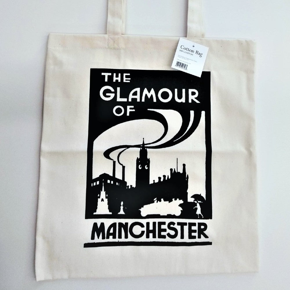 Cotton tote bag featuring - The Glamour of Manchester image. It was taken from the book by the Irish poet D.L Kelleher, design by J.M Gannon (1920)