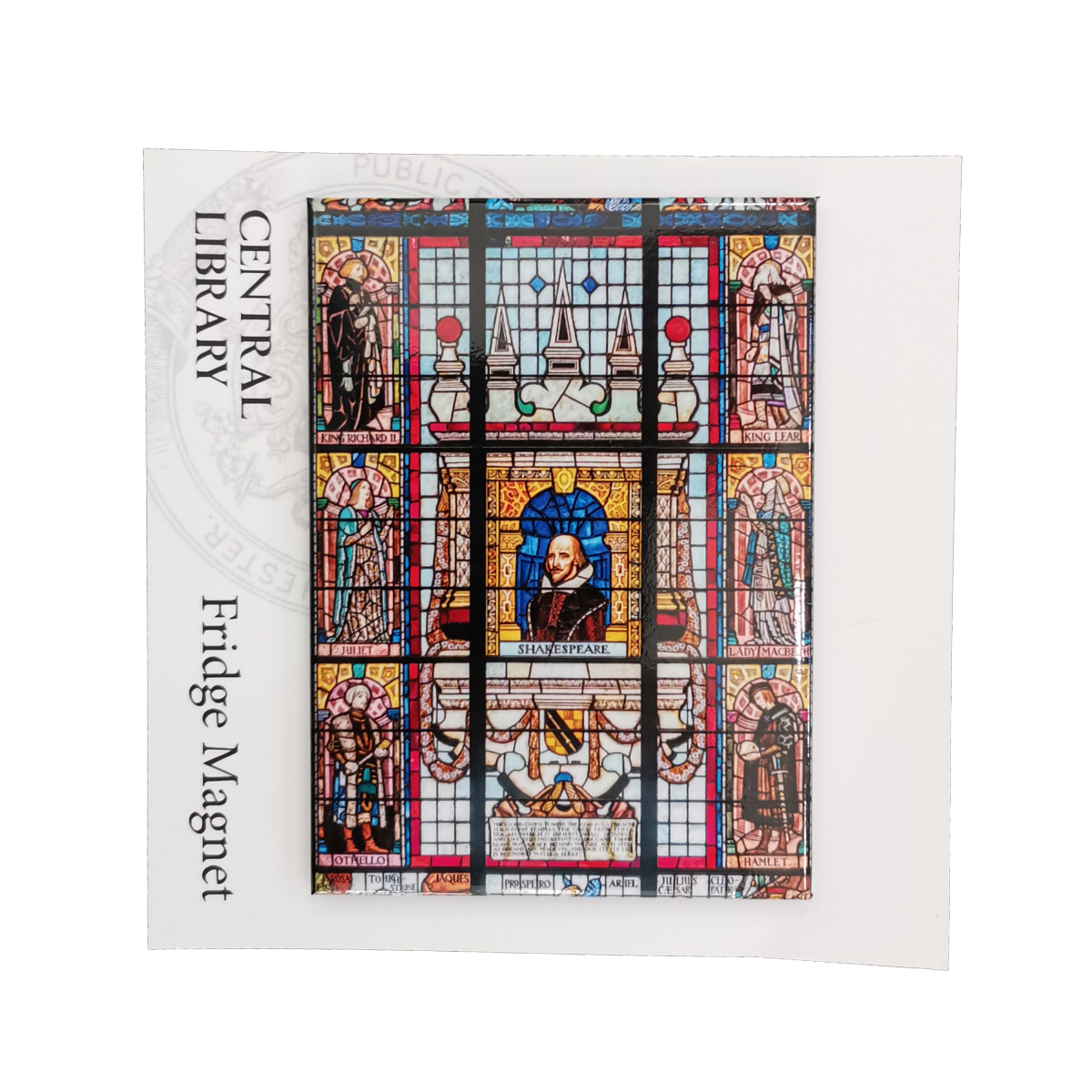 A fridge magnet featuring an image of the Shakespeare themed stained glass window of Central Library.
