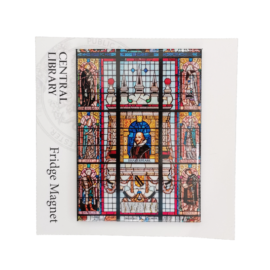 A fridge magnet featuring an image of the Shakespeare themed stained glass window of Central Library.