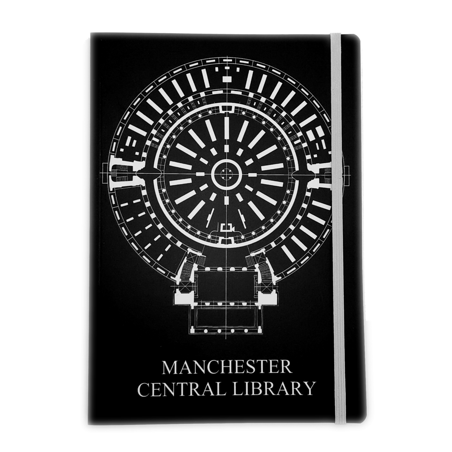 Black notebook featuring a white plan of the first floor of central library from 1934
