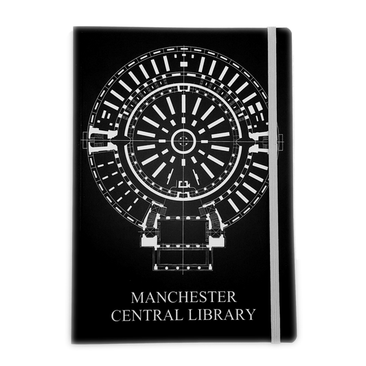 Black notebook featuring a white plan of the first floor of central library from 1934