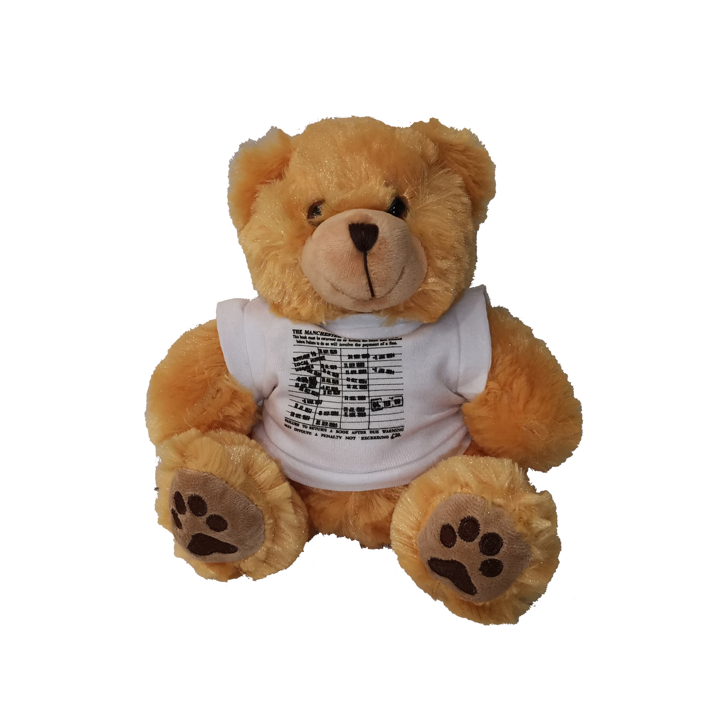 Ten inch golden teddy bear wearing a white library date stamp card t shirt.