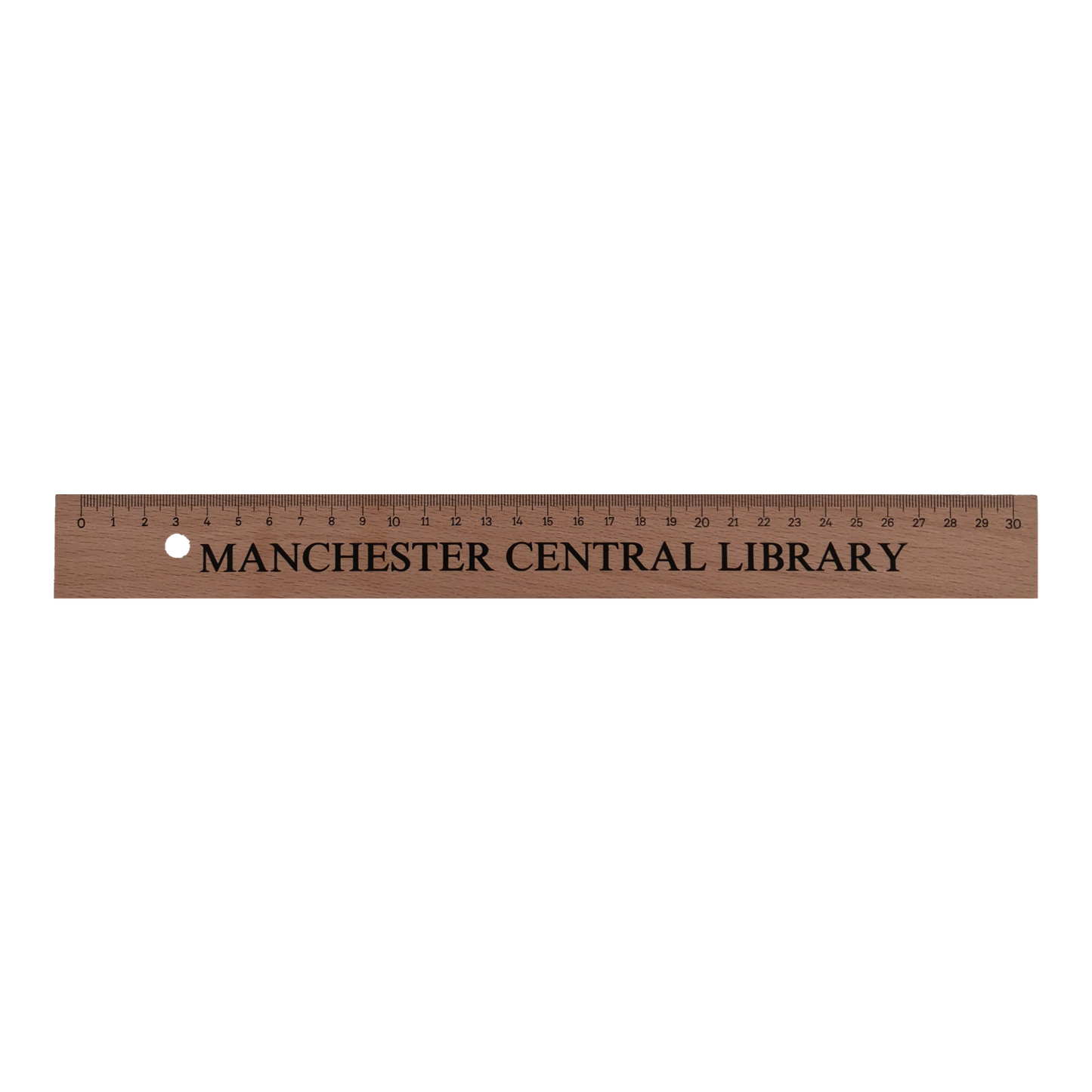 30cm wooden ruler with Manchester Central Library printed on in black text.