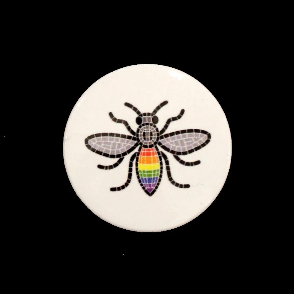 Small Button Badge featuring image of a rainbow mosaic bee