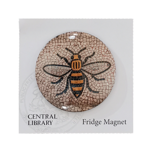Round fridge magnet featuring image of the mosaic bee floor from Manchester Town Hall