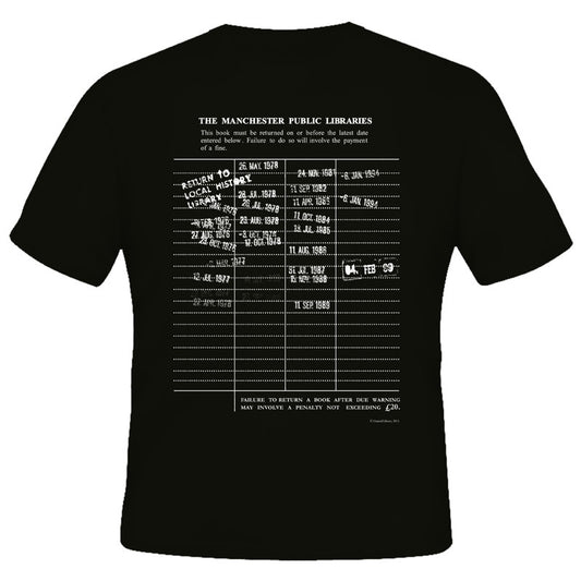 Manchester library date stamp card black t-shirt.